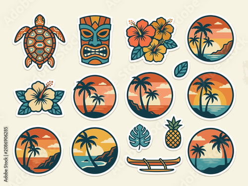 Foto Vintage Tropical Hawaii Sticker Set with Tiki, Sea Turtle, and Sunset Beach Badg
