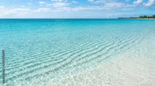 The image shows a wide, tranquil beach with crystal-clear turquoise water extending to the horizon. The sand is bright white and gently ripples in the shallow water.