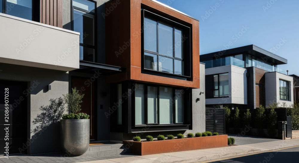 Fototapeta premium Modern Townhouse Architecture With Corten Steel And Glass Facade