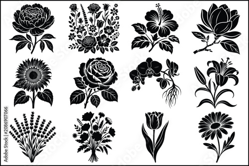 Collection of various black and white flower illustrations