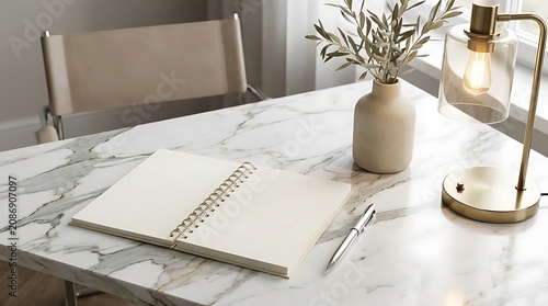 Open notebook with pen and lamp on marble desk