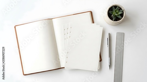 Open notebook with pen and ruler ready for work