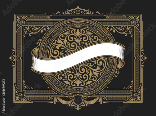 Vintage Ornate Gold Frame and Emblem with White Banner on Black