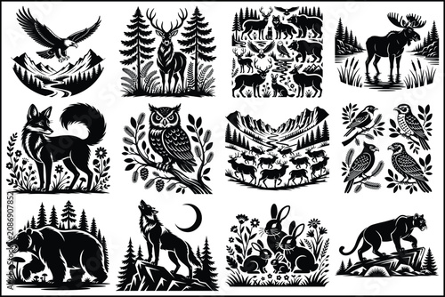 Woodland animal illustrations in black and white forest scenes