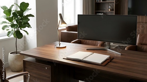 Modern office desk setup with computer monitor and notebook