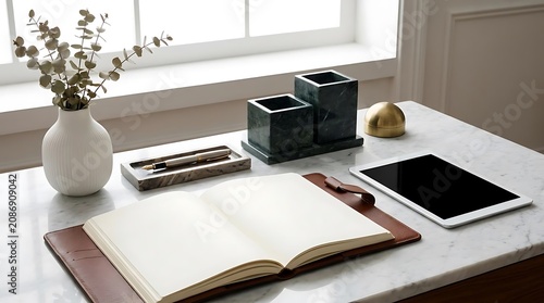 Organized desk surface with open notebook and digital tablet