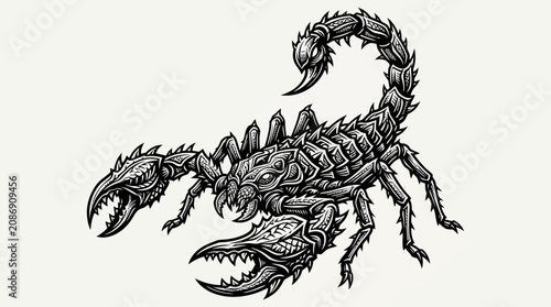 Foto Detailed Scorpion Illustration, Black and White, Tattoo Style, Arachnid Drawing
