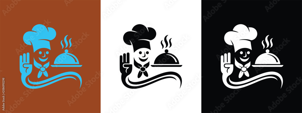 Obraz premium Chef Logo Icon Set, with Smiling Cook Holding Hot Food Cloche Tray