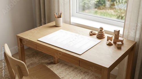 Wooden desk with childs toy and art supplies near window