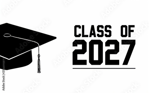Black graphic graduation cap illustration icon next to bold text reading class of 2027 isolated on white background art.