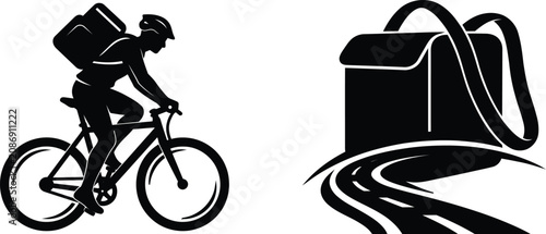 Cuadro en lienzo Silhouette of food delivery cyclist with backpack and separate delivery bag on winding road illustration