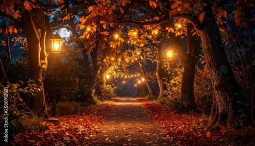 A serene pathway crosses an autumn forest surrounded by glowing lanterns under moonlight.