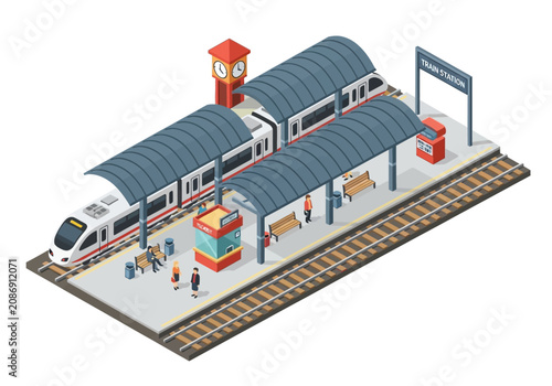 Isometric Train Station with People and Train.