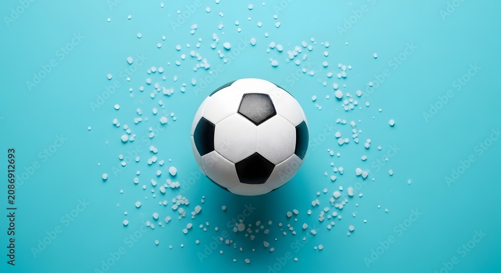 Naklejka premium Classic soccer ball isolated on light blue background with scattered white
