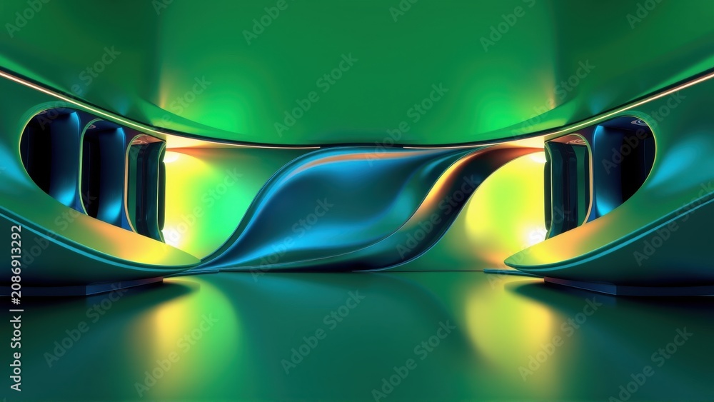 Fototapeta premium Abstract futuristic tunnel. Smooth curves, vibrant colors, glossy reflections create immersive visual experience. Dark background emphasizes luminosity.