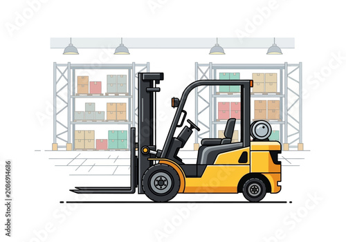 Yellow Forklift Truck in Warehouse Setting.