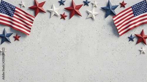 Labor Day Patriotic Border with American Flags and Stars on White Background with Copy Space