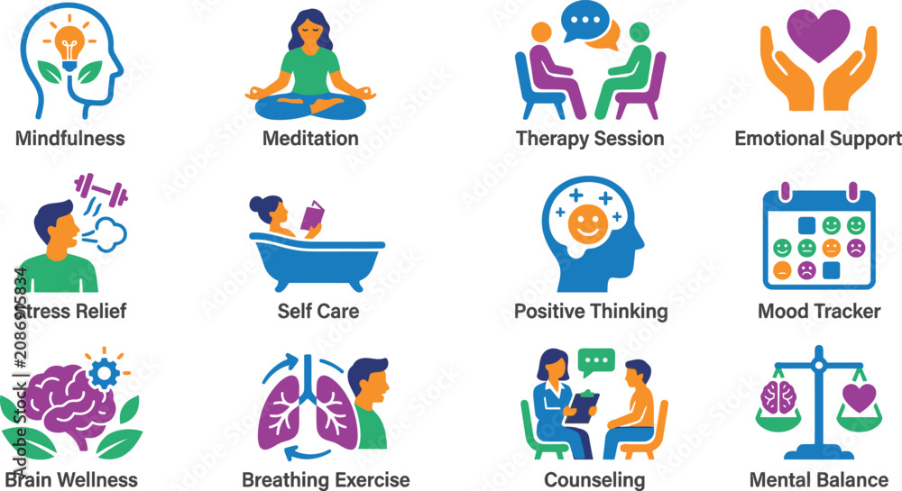 Fototapeta premium Vibrant colorful illustration of various mental wellness concepts in silhouette style on white background for health design