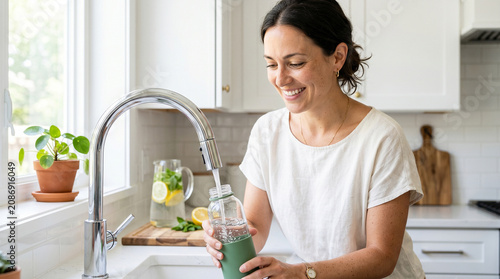 Woman refilling reusable water bottle with tap water in modern kitchen