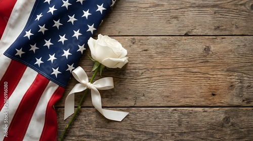 American Flag with White Rose on Rustic Wooden Background for Labor Day with Copy Space