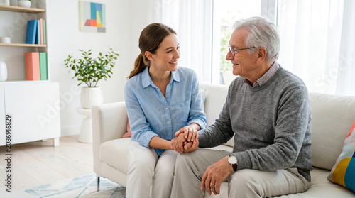Female caregiver holding hands with senior man during supportive home care conversation