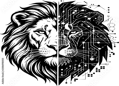 Geometric Hybrid Lion Silhouette - Black Vector Icon for Digital Power and Leadership Concept