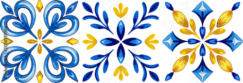 Blue and yellow watercolor floral tiles in Portuguese azulejo style ceramic mosaic