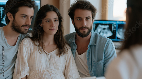 Colombian IVF journey, couple in sterile fertility clinic consultation room reviewing ultrasound images together with female doctor, hopeful but emotionally exhausted expressions,