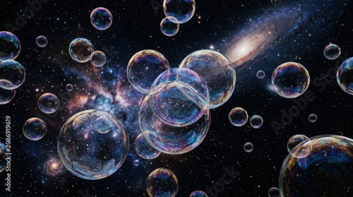 Numerous iridescent bubbles float in a cosmic expanse with distant galaxies and stars, illustrating a multiverse concept.