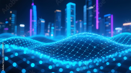 Blue digital waves over cyberpunk city