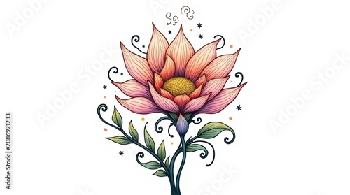 Beautiful pink lotus flower drawing with swirling leaves and sparkles isolated on white background