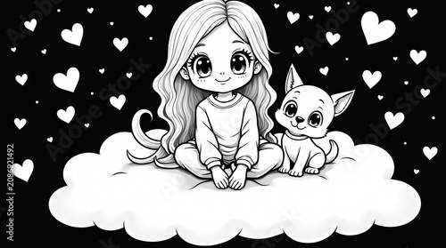 Cute little girl and her small puppy sitting together on a soft cloud isolated on white background