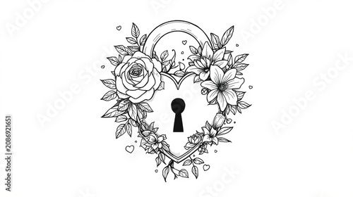 Heart shaped padlock decorated with beautiful blooming rose flowers isolated on white background
