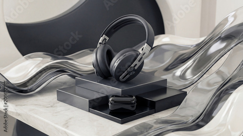 Modern Black Headphones on Acrylic Wave Background