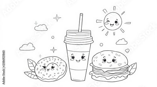 Cute kawaii fast food illustration with donut burger and drink cup isolated on white background