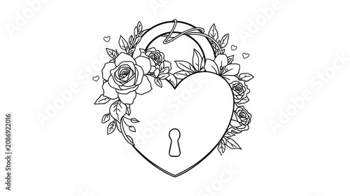 Heart shape lock decorated with beautiful rose flowers line art drawing isolated on white background