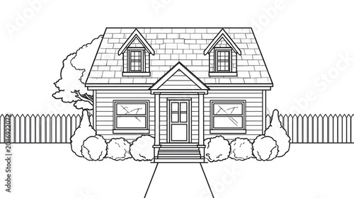 Simple line drawing of a suburban house with a garden fence isolated on white background