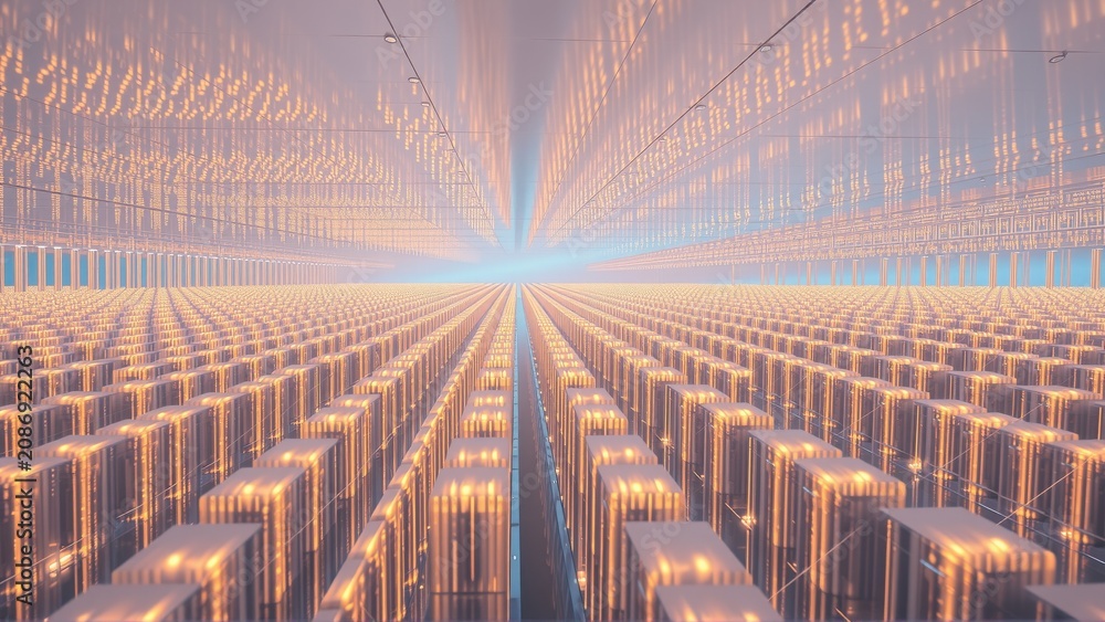 Fototapeta premium Infinite mirrored room creates illusion. Warm tones dominate, light extends toward distant vanishing point. Symmetry defines space.