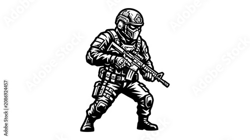 Schilderij op canvas Modern Soldier Holding Assault Rifle, Military Combat Gear, Tactical Equipment