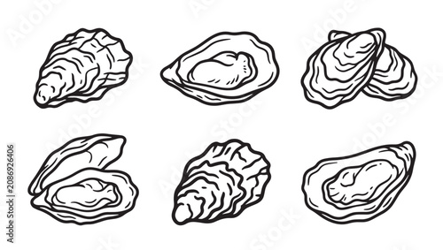 Collection of oyster shell illustrations in black and white line art with collection illustration minimalist creature delicacy isolated monochrome