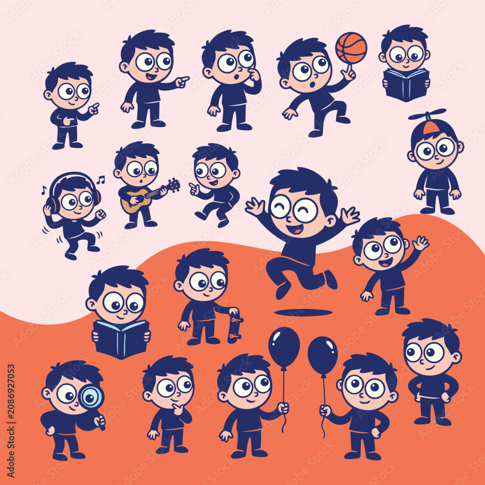 Obraz premium Cute Cartoon Boy Character Collection For Everyday Activities