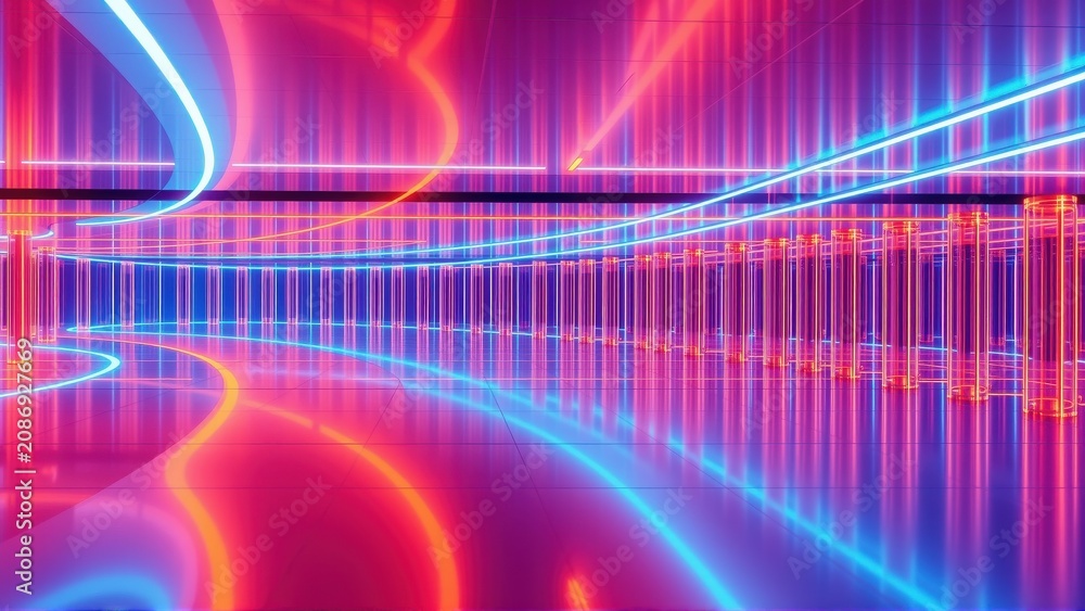 Fototapeta premium Abstract neon lights create futuristic tunnel. Bright pinks, blues dominate dark space. Lines suggest speed, depth.