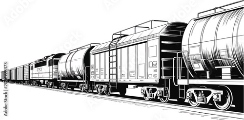 Foto Freight train, industrial rail, cargo wagons, transportation vector