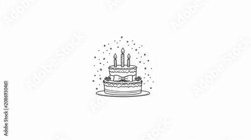 Black and white line drawing of a birthday cake with lit candles isolated on white background