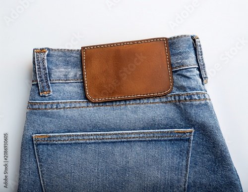empty worn leather patch on blue jeans on a white background empty space for writing blank leather jeans label