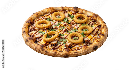 Delicious onion ring pizza with balsamic glaze and herbs on white background