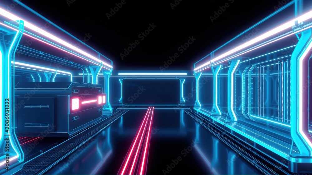 Fototapeta premium Futuristic corridor. Neon lights illuminate dark space. Sleek design suggests advanced technology, possibly spaceship interior. Reflections abound.