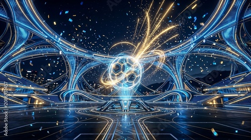 A soccer ball with an explosion of blue light effects and energy.
