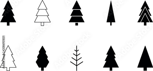 Tableau sur toile Minimalist black and white pine tree icon set brightly lit on a clean white background creating a festive holiday mood