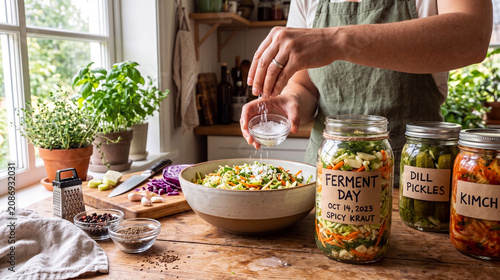 A person in an apron sprinkles salt into a bowl of shredded vegetables on a kitchen counter next to glass jars labeled for fermentation including pickles and kimchi.